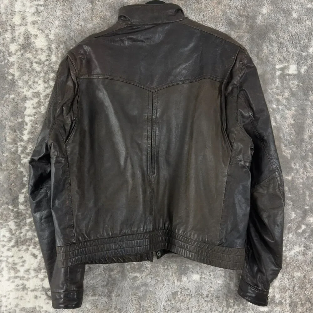 Reed Sportswear Men Size L44 Genuine Leather Moto Jacket Zip Brown Biker Outdoor